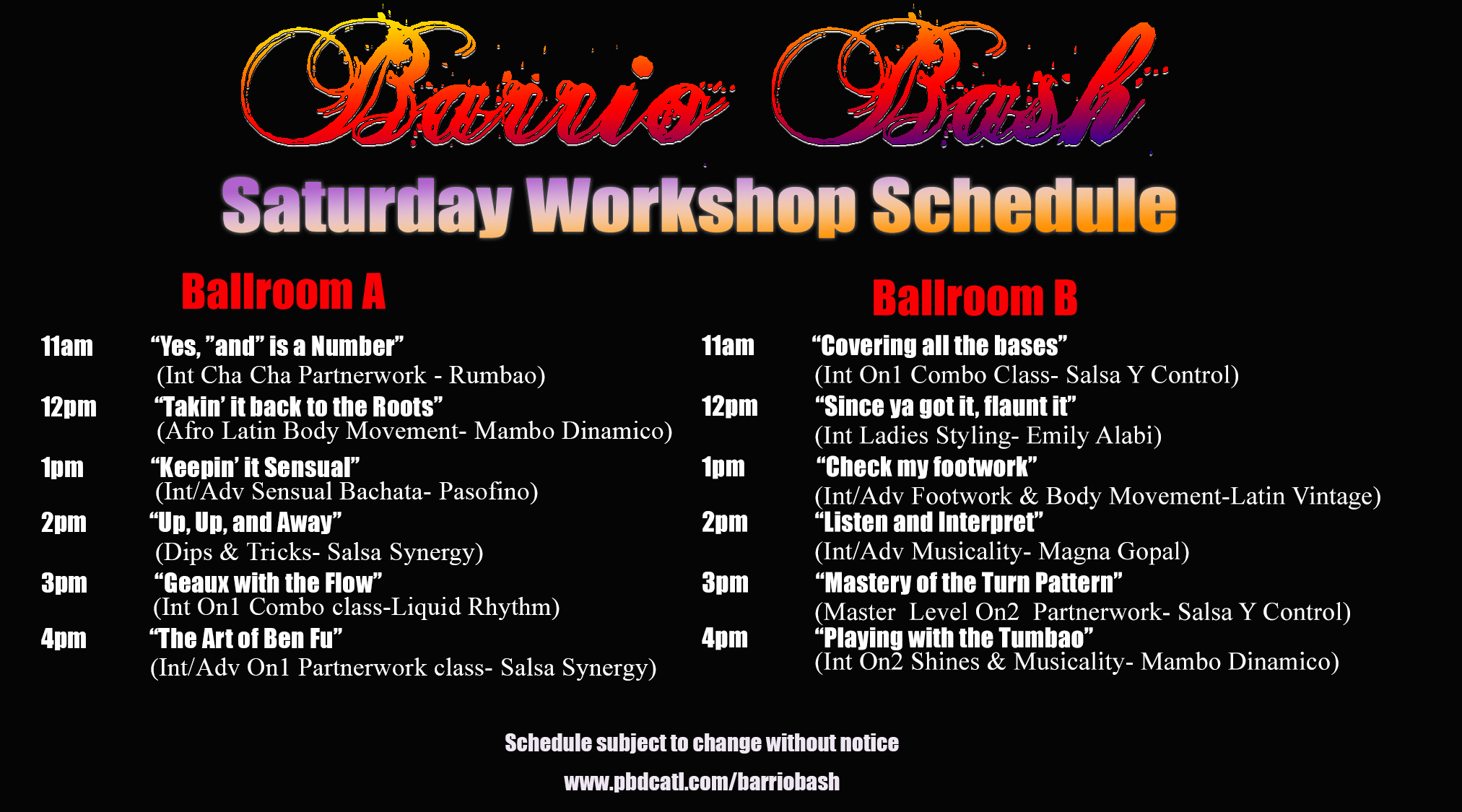 Barrio Bash Workshop Schedule 2018